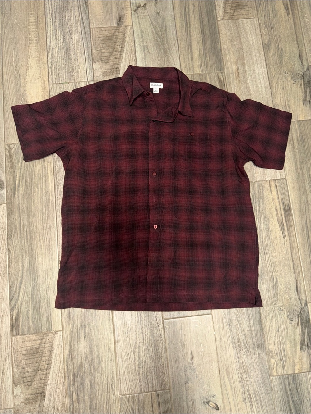 Haggar Short-Sleeve Burgundy Plaid Button-Down Shirt